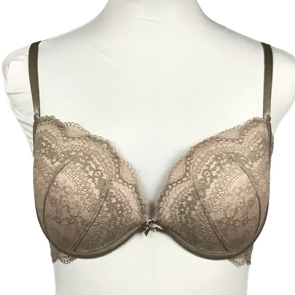 Victoria's Secret Plunge Push Up Padded Pale Pink Taupe Gray Lace Bra sz 36C - Picture 1 of 8